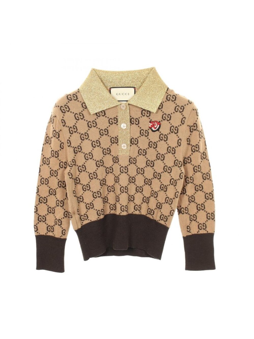 Gucci Knit GG Pattern Wolf Patch Cropped Shirt Wool Polo Sweater